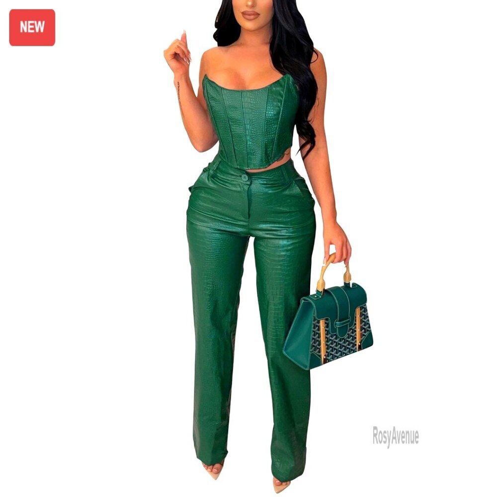 Faux Leather 2-Piece Set, Crop Top & Straight Leg Pants, Size M, Clubwear